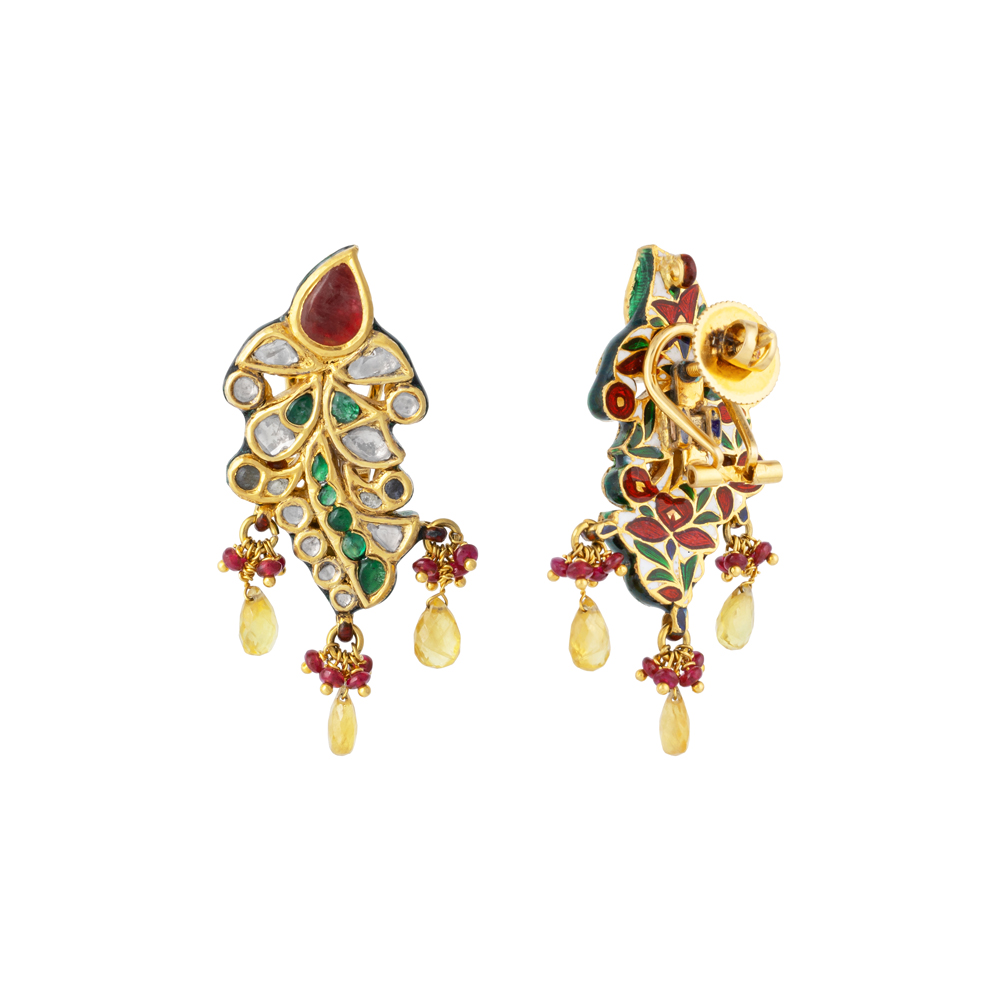 Leaf Polki Earrings with Green Talafs, Rubies & Sapphire Drops